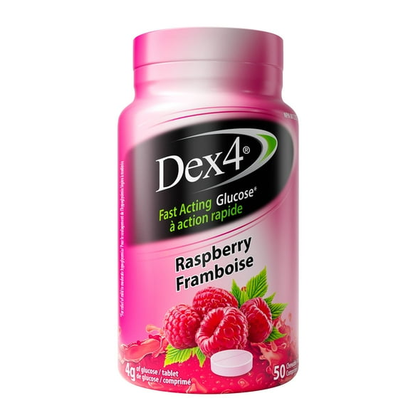 Dex4 Glucose Tablets – Raspberry Flavour – 50 Tablets per Bottle – Fast-Acting, Pre-Measured Glucose Tabs – Fat-Free, Gluten-Free, Sodium-Free