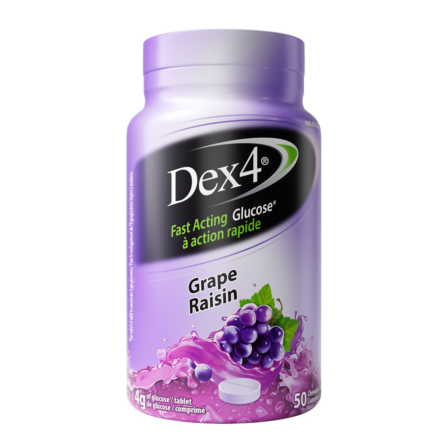 Comprimés de glucose Dex4 – Saveur raisin – 50 comprimés par bouteille – Glucose à action rapide et pré-dosé – Sans gras, sans gluten, sans sodium