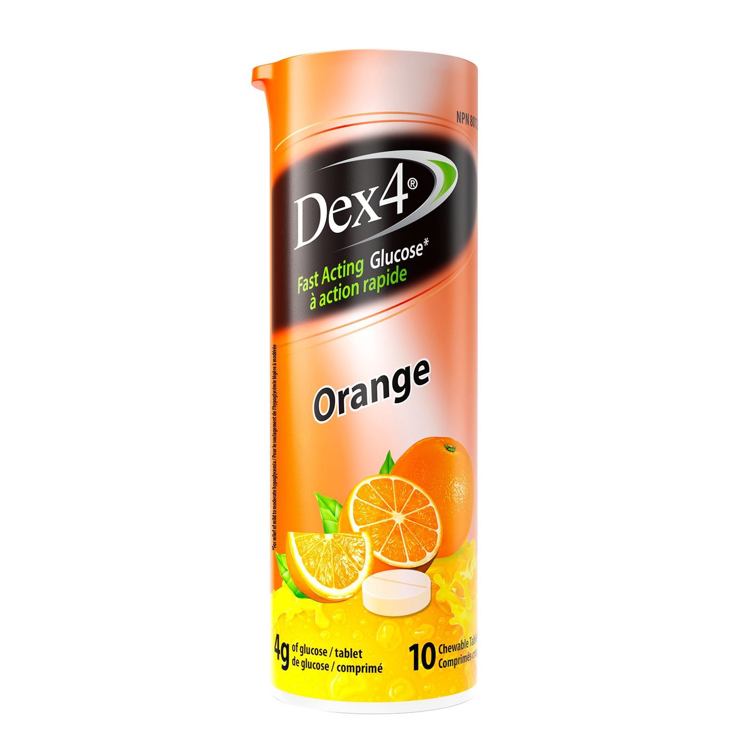 Dex4 Comprimés de glucose – Tube format voyage – Saveur orange – 10 comprimés par tube – Glucose à action rapide et pré-dosé – Sans gras, sans gluten, pratique en déplacement – Boîte de 12 tubes