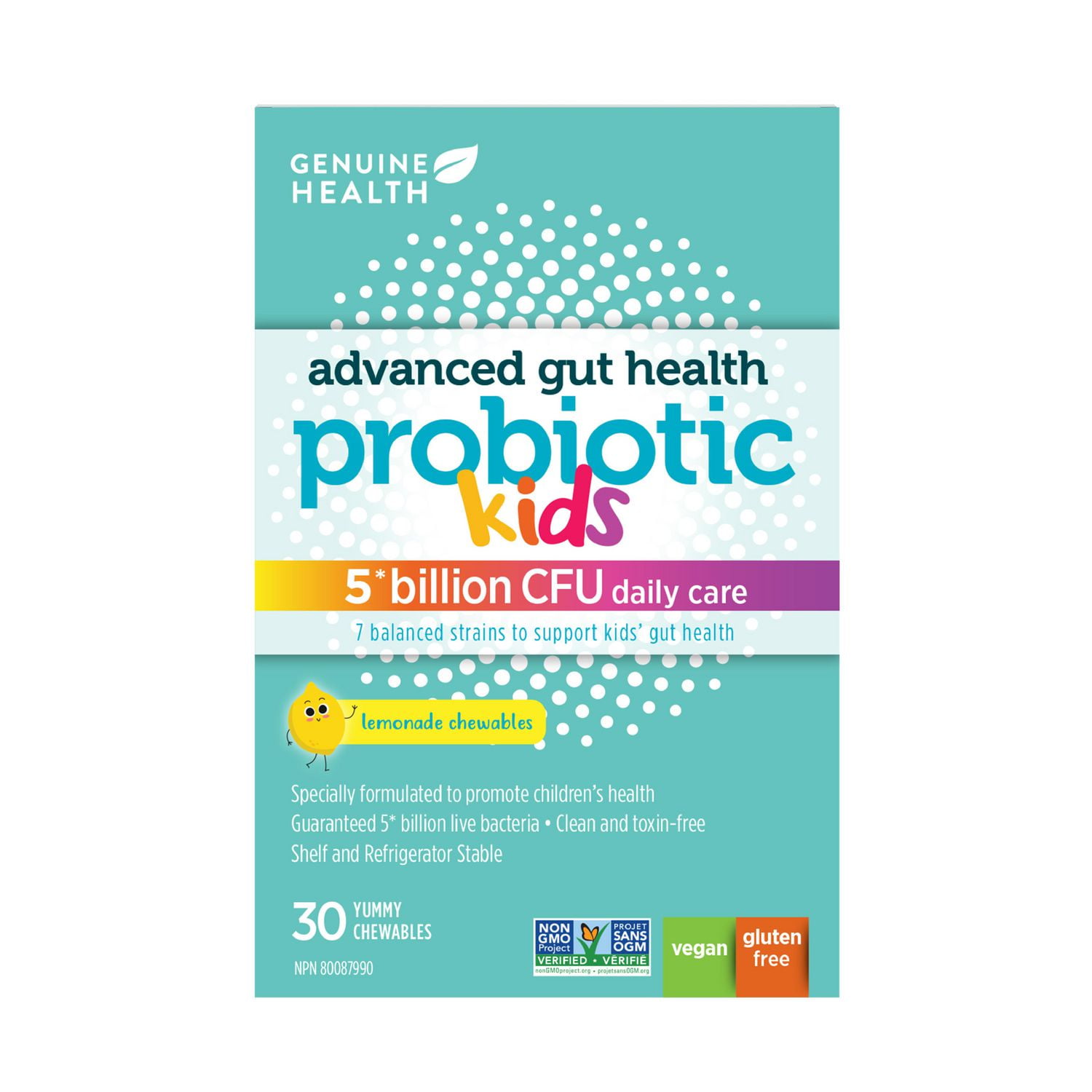 Genuine Health Genuine Health advanced gut health probiotic kids lemonade 5 billion, 30 chewable tablets, 7 diverse strains, Vegan, Gluten Free, Non-GMO