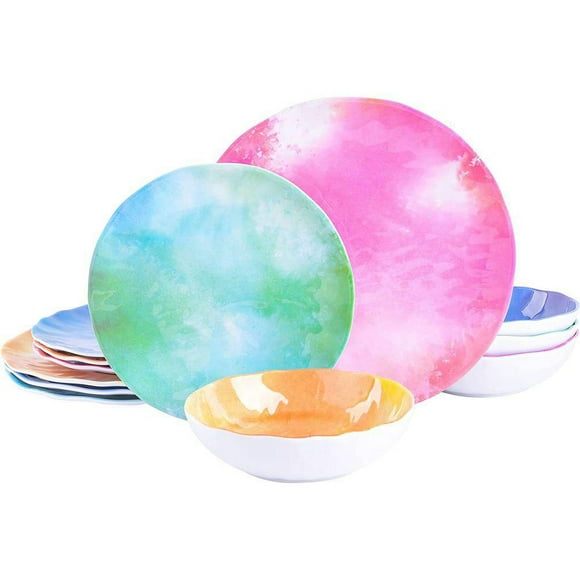 Tia Mowry 12 Piece Melamine Dinnerware Set, 4 Assorted Colors