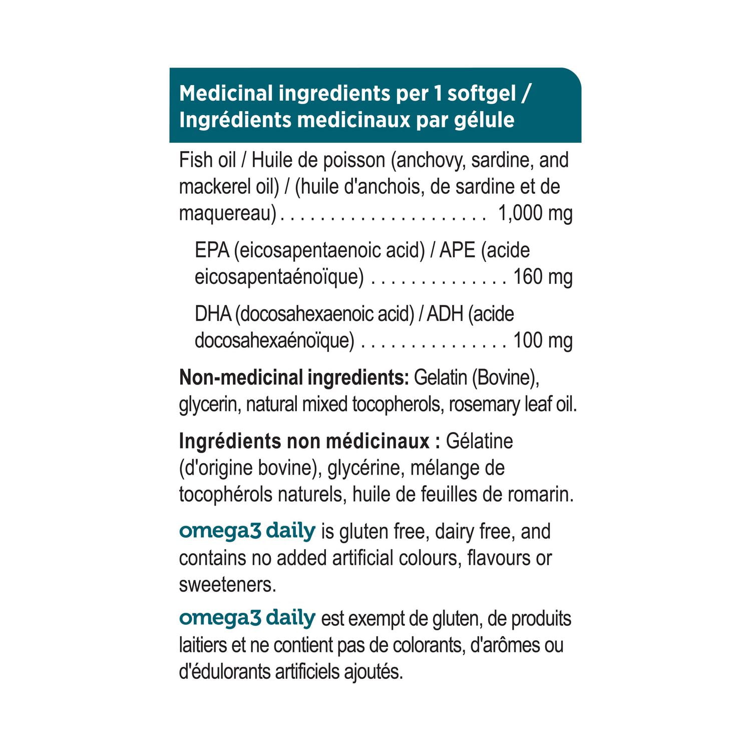 omega3 daily de Genuine Health, 120 gélules 1000mg d'huile poisson, 160mg d'EPA et 100mg DHA.