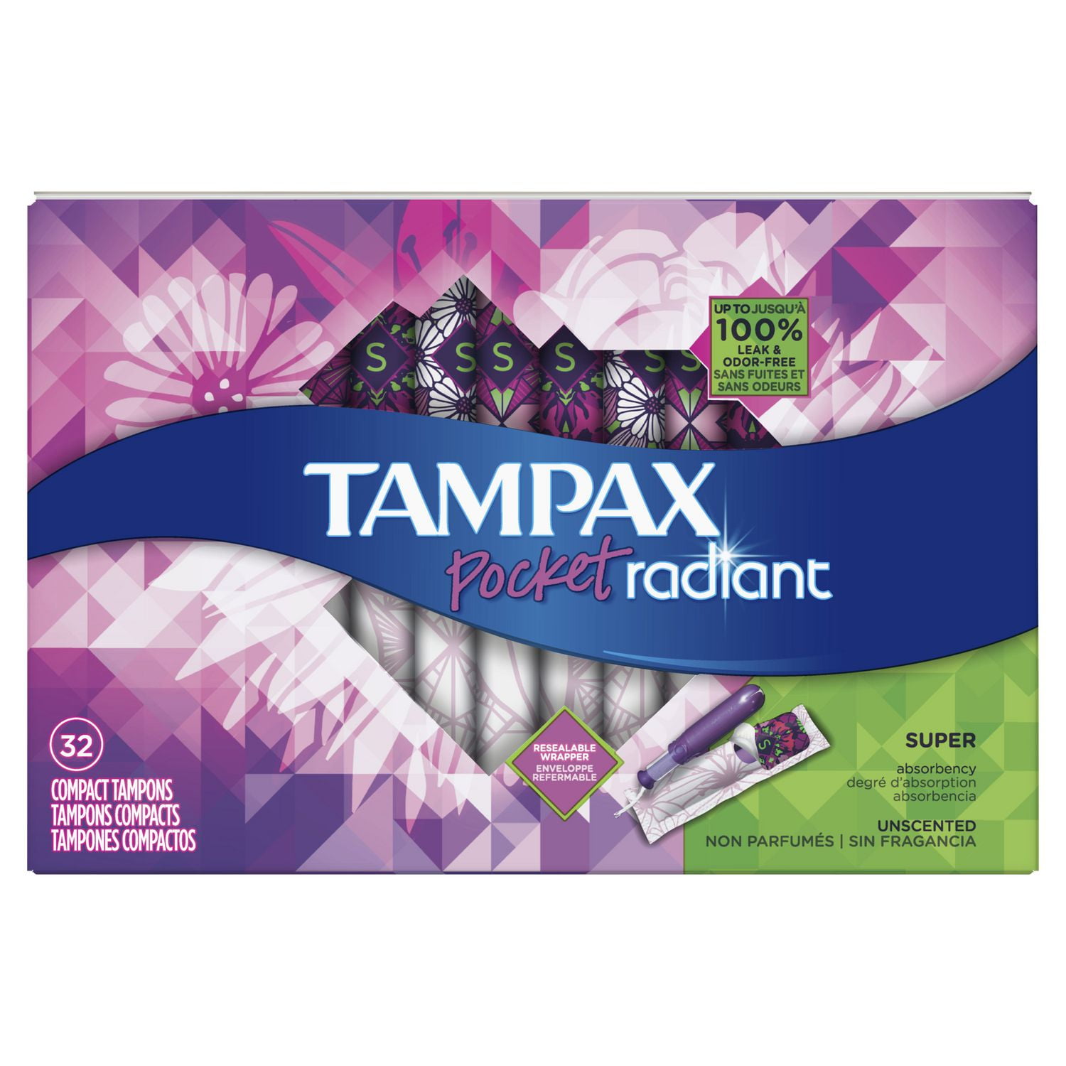 Tampax Pocket Radiant Compact Plastic Tampons, Unscented, Super