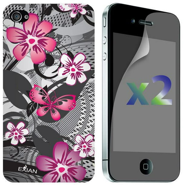 Étui avec proctecteur d'écran pour iPhone 4 / 4s d’Exian - TPUR motif floral noir et rose - paq. de 2