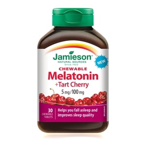 Jamieson Melatonin avec des tablettes à croquer Tart Cherry, 5 mg, saveur de cerise, 30 Nombre
