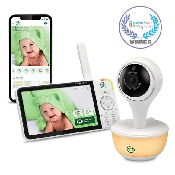 LeapFrog LF815HD Moniteur de bébé Wi-Fi 1080p avec accès à distance, affichage 720p haute définition de 5 po, veilleuse, vision nocturne couleur (Blanc)