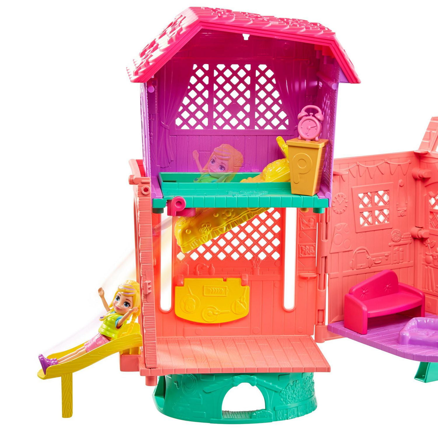Polly Pocket 2-level Clubhouse Adventure Pack with Four 3-in/7.62-cm Dolls,  ATV, Pool, Dog, 20 Accessories, Ages 4 & Up 