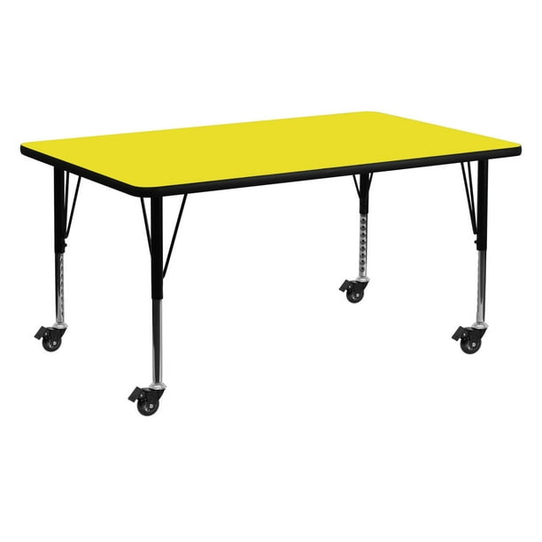 Table d'activité rectangulaire portable en stratifié jaune haute pression de 24 po larg. X 60 po long. - Pieds courts réglables en hauteur