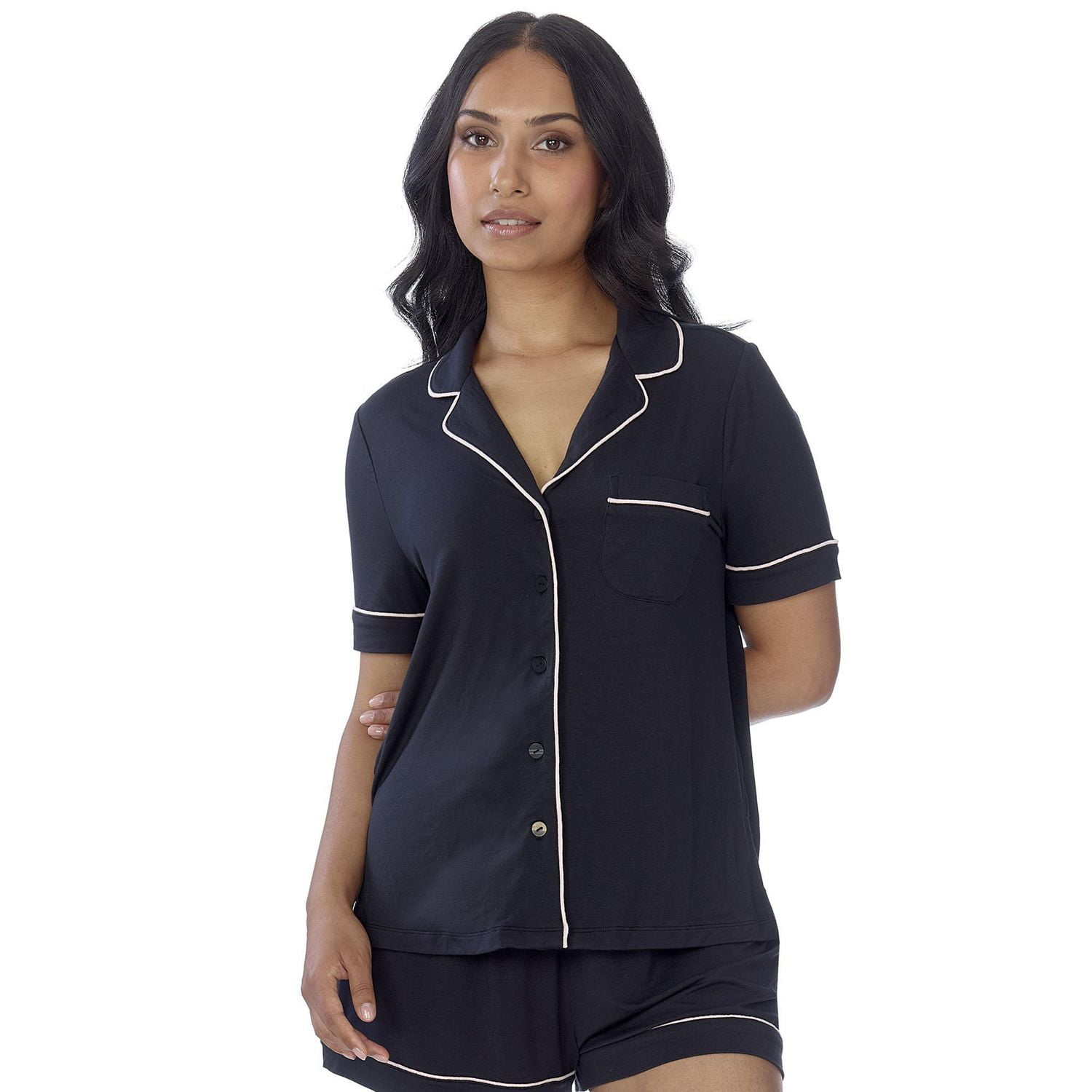 Secret Short Sleeve Button Top with Piping - Online exclusive