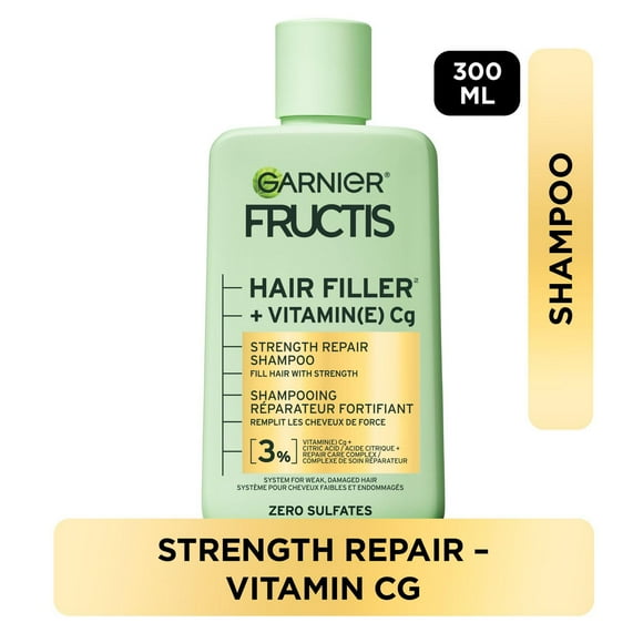 Garnier Fructis Hair Filler + Vitamin C Strength Repair Sulfate-Free Shampoo, for Weak Damaged Hair, up to 4X Less Breakage & 79% More Strength, 300ml, Fill weak hair with strength