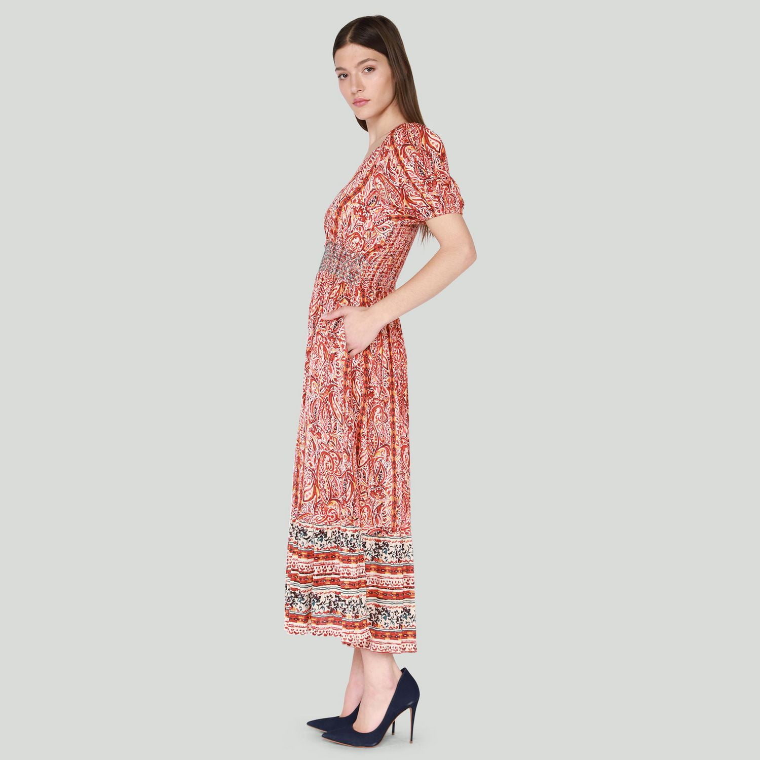 DV Floral print smocked waist maxi with S/S and a tiered ruffled hem