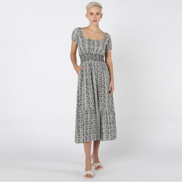 Coralie Floral Print Wavy Trim Cutout Back Smocked Maxi Dress