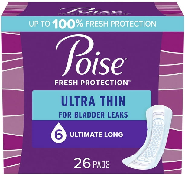 Poise Ultra Thin Incontinence Pads for Women, 6 Drop, Ultimate Absorbency,  Long, 26Ct, PSE UT U 26