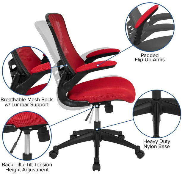 Chaise de bureau ergonomique pivotante en maille rouge à dossier mi-hauteur  avec accoudoirs rabattables 