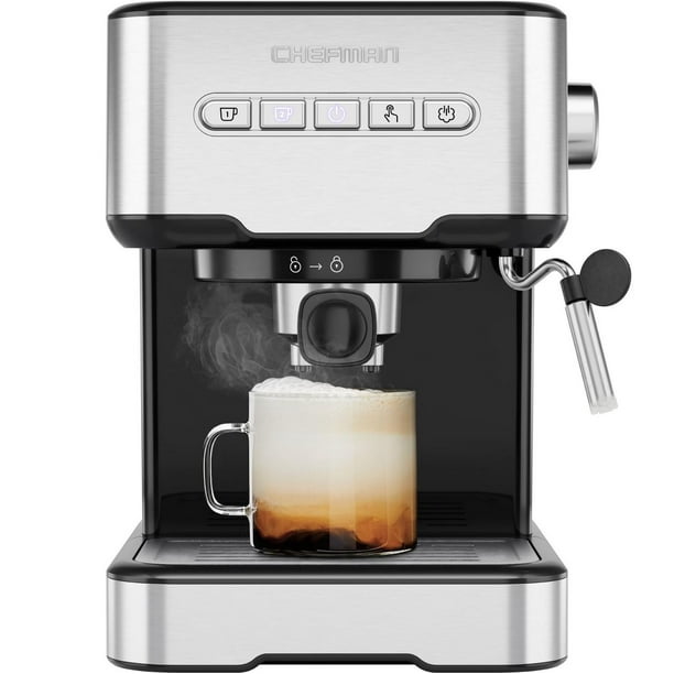 Machine à expresso Chefman Easy-Brew avec vapeur de lait, cappuccino à un ou deux coups et machine à expresso avec machine à latte<br>Mousseur, finition en acier inoxydable Machine à expresso Easy-Brew