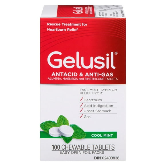 Gelusil Antiacide et Antigaz Saveur de Menthe Fraîche 100 Comprimés