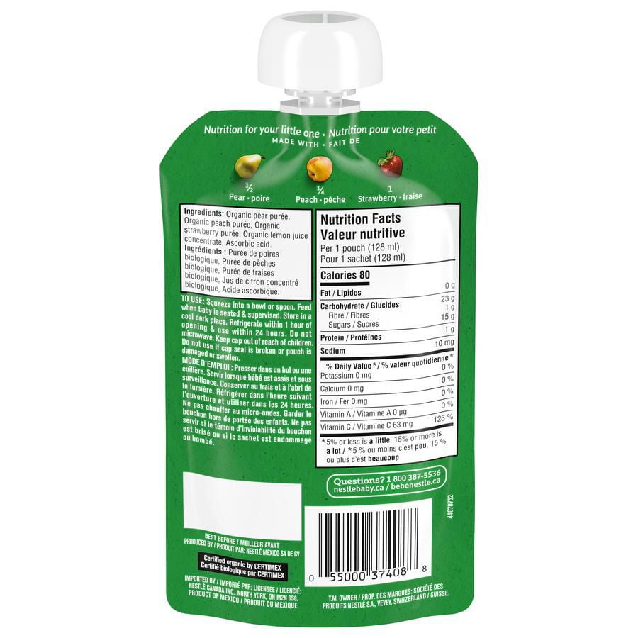 GERBER Organic Purée, Pear Peach Strawberry, Baby Food, 128 mL