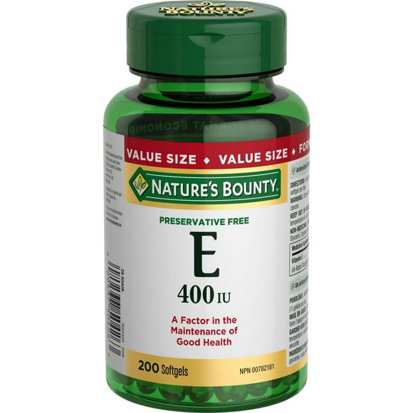 NATURE'S BOUNTY Vitamine E, 400&nbsp;UI, antioxydant, sans agent de conservation, pour adultes et enfants de 12&nbsp;ans et plus, 200&nbsp;gélules 200 paquet 200 gélules