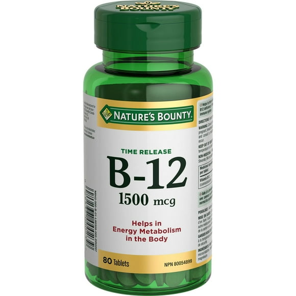 NATURE'S BOUNTY Vitamine&nbsp;B-12, libération prolongée, favorise le métabolisme énergétique, contribue à la formation des globules rouges, aide à prévenir les carences en B-12, soutient le système immunitaire, comprimés 80 paquet 80 comprimés