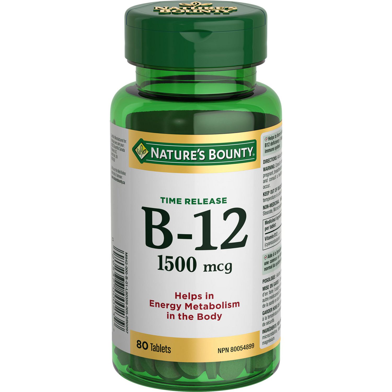 NATURE'S BOUNTY Vitamine B12, Libération Temporelle, Bouteille de 1500 mcg avec Titre de Produit visible, Contenant des Comprimés de B12 à Libération Temporelle, Puissance de 1500 mcg. note d'Instructions un Comprimé par Jour pour Adultes 19+. l'Étiquette Indique Aide à Former des Cellules Rouges du Sang et Aide à Soutenir la Fonction Immunitaire; Convient pour Transporter en Voyage des Organisateurs de Pilules.
