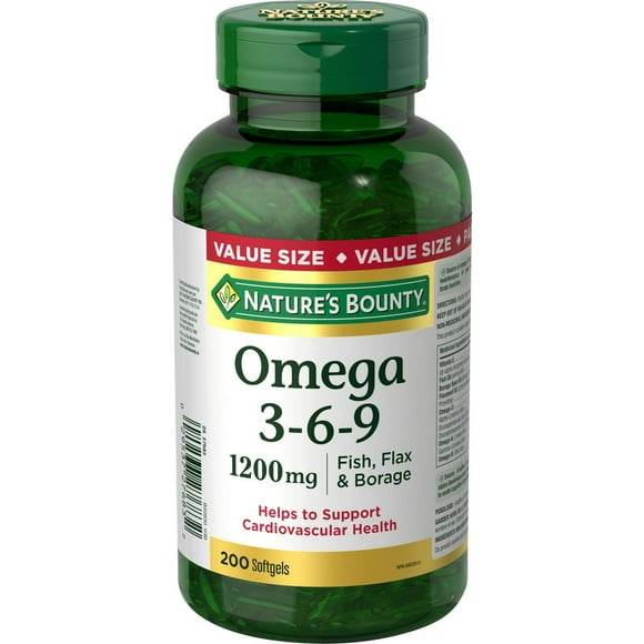NATURE'S BOUNTY Omega 3-6-9 Fish, Flax & Borage, 1200 mg, Contains Omega-3 Fatty Acids, EPA, DHA, Helps Support Cardiovascular & Cognitive Health, Supports Brain Function, Value Size, Softgels 200.0 count, 200 Softgels