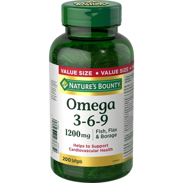 NATURE'S BOUNTY Omega 3-6-9 Fish, Flax & Borage, 1200 mg, Contains Omega-3 Fatty Acids, EPA, DHA, Helps Support Cardiovascular & Cognitive Health, Supports Brain Function, Value Size, Softgels 200.0 count