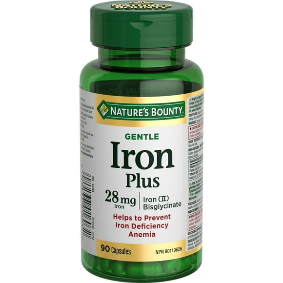 NATURE'S BOUNTY Fer&nbsp;plus, 28&nbsp;mg, doux, aide à prévenir l’anémie, favorise la santé immunitaire, aide à la formation et au fonctionnement des globules rouges, aide à la cicatrisation des plaies, antioxydant, capsules 90 paquet 90 gélules