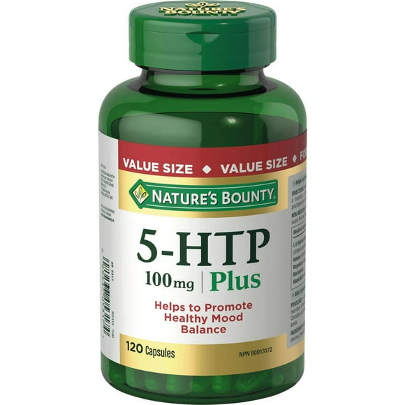 NATURE'S BOUNTY 5-HTP 100 mg Plus, aide à favoriser la bonne humeur, avec L-5 hydroxytryptophane, valériane, magnésium, niacinamide et vitamine B6 120 paquet 120 gélules
