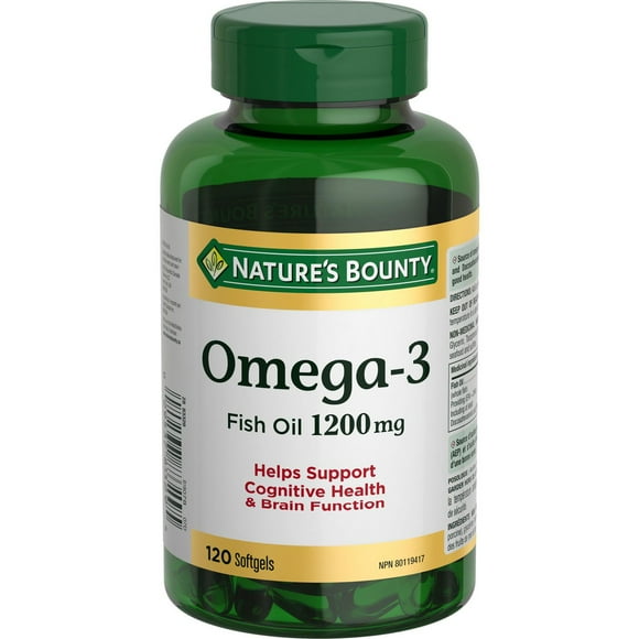 NATURE'S BOUNTY Omega-3 Fish Oil, 1200 mg, Value Size, Supports Cognitive Health & Brain Function, Source of Omega-3 Fatty Acids EPA & DHA, Softgels 120.0 count, 120 Softgels