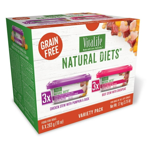 VitaLife Natural Diets Dog Food Variety Pack, Chicken Stew with Pumpkin & Duck - Beef Stew with Chickpeas
