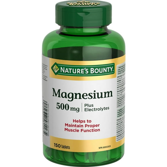 NATURE'S BOUNTY Magnésium plus électrolytes, 500&nbsp;mg, aide au maintien des muscles, des os et des dents, à la formation et au développement des tissus et à la métabolisation des nutriments, comprimés 150 paquet 150 Comprimés