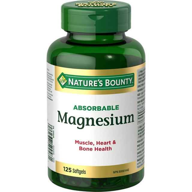 NATURE'S BOUNTY Magnesium, Absorbable, 400 mg, Helps Maintain Electrolyte Balance, Helps Development & Maintenance of Bones, Teeth & Muscle Function, Helps Heart Muscle Function, 125 Softgels 125.0 count