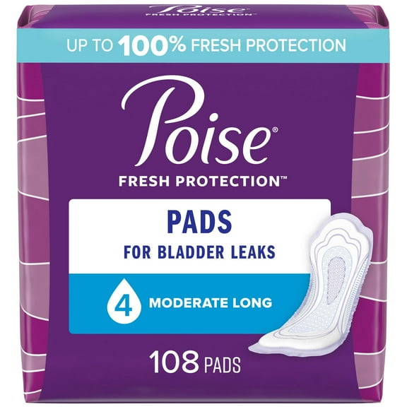 Poise Incontinence Pads for Women, 4 Drop, Moderate Absorbency, Long, 108Ct