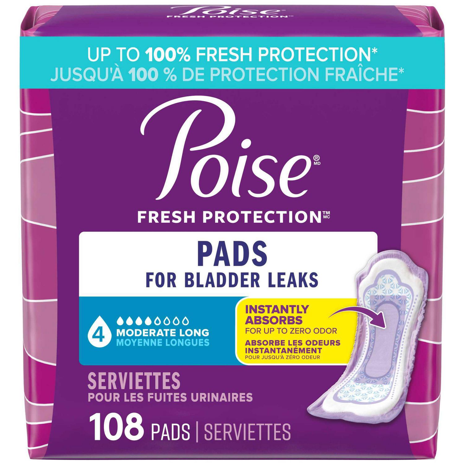 Poise Incontinence Pads for Women, 4 Drop Moderate Absorbency, Long Length, 108 Count