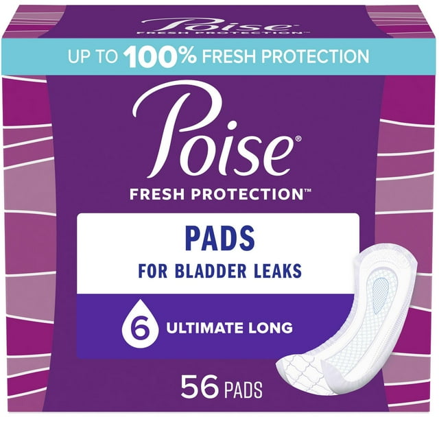 Serviettes d’incontinence ultraminces Poise pour femmes, degré d’absorption 6, absorption suprême, longueur longue, 56 unités