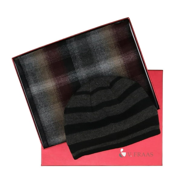 V. Fraas 2pc foulard écossais tissé et chapeau tricotés dans une boîte cadeau