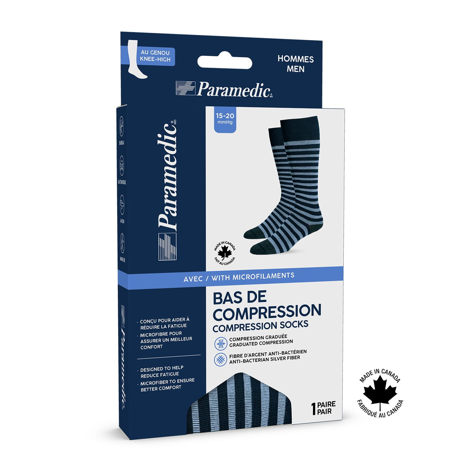 Bas de compression Paramedic rayés pour homme 15-20 mmHg - Medium Bas de compression Paramedic élégants à rayures, jusqu'au genou, pour hommes, 15-20mmHg