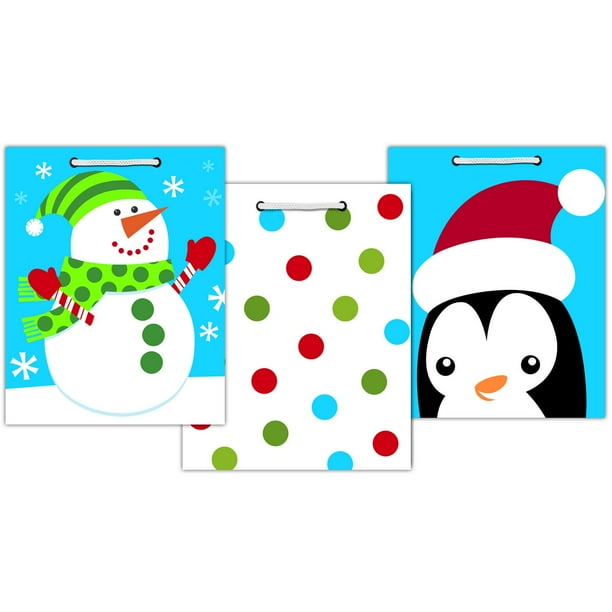 Paq. de sacs cadeaux moyens Hallmark Bonhomme de neige/Pois/Pingouins (Exclusivité Walmart)