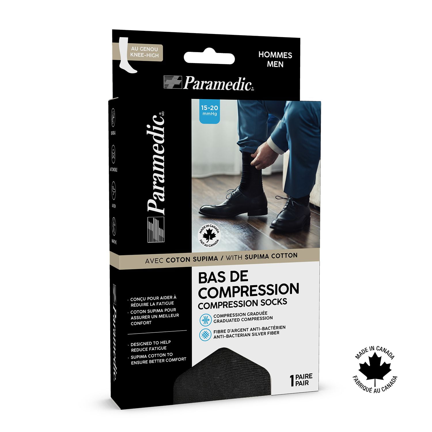 Paramedic Premium Compression Socks 15-20 mmHg Men Black (1 Pair) - Medium, Paramedic Compression Socks for Men - Stylish Knee-High Premium Cotton, 15-20 mmHg