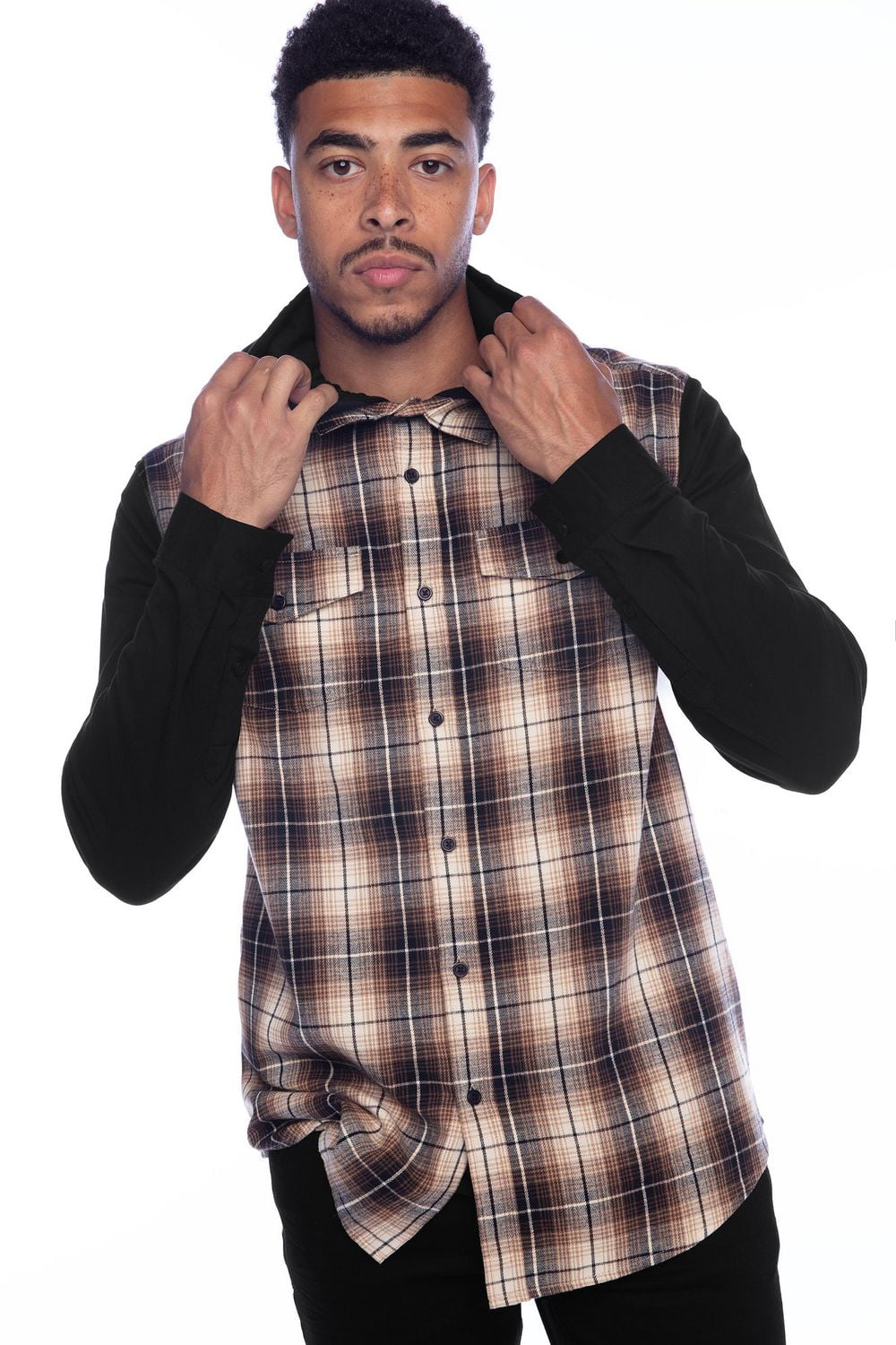 Jeaniologie™ Men’s Hooded Flannel Shirt with Knit Sleeves