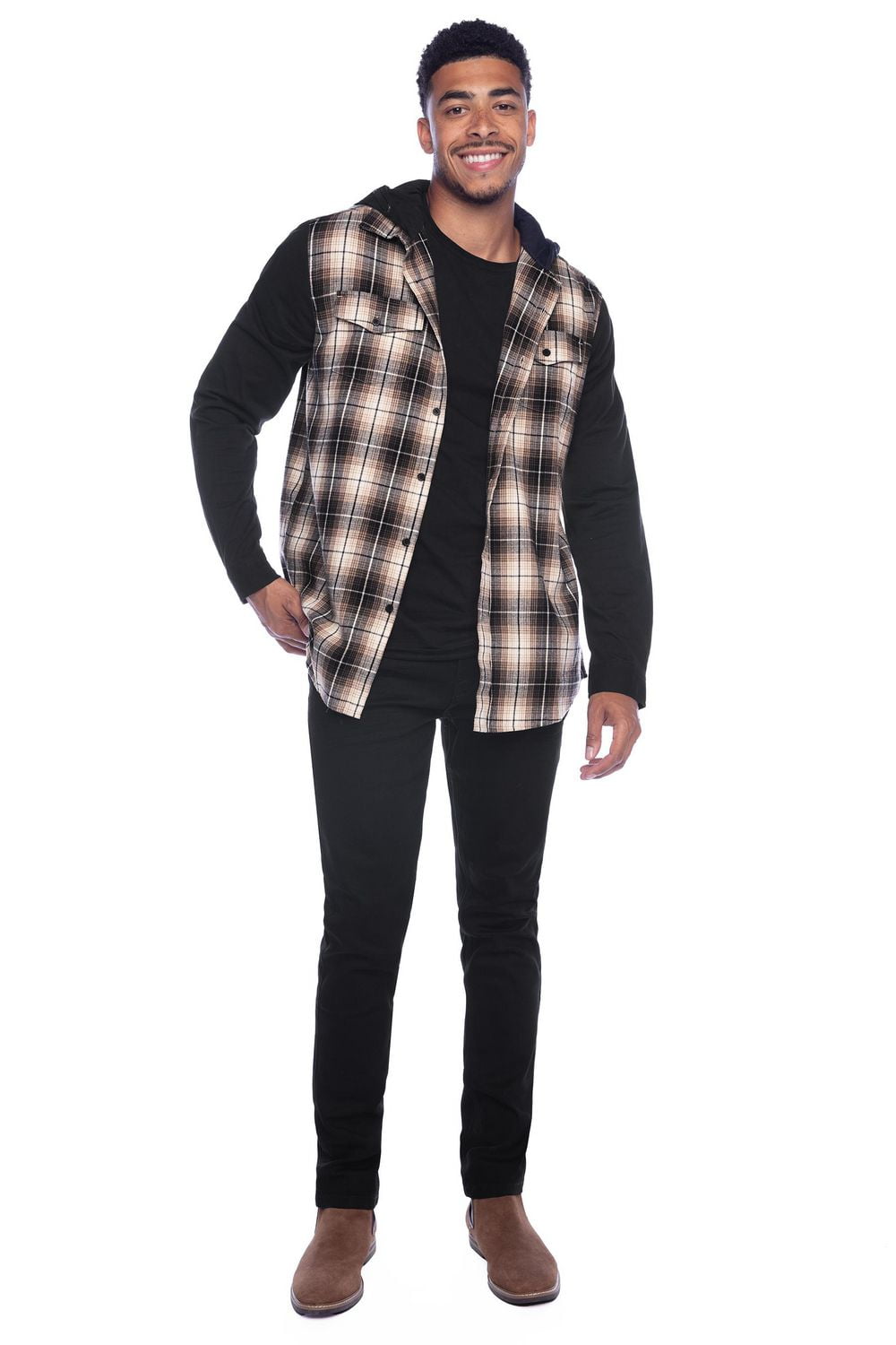 Jeaniologie™ Men’s Hooded Flannel Shirt with Knit Sleeves