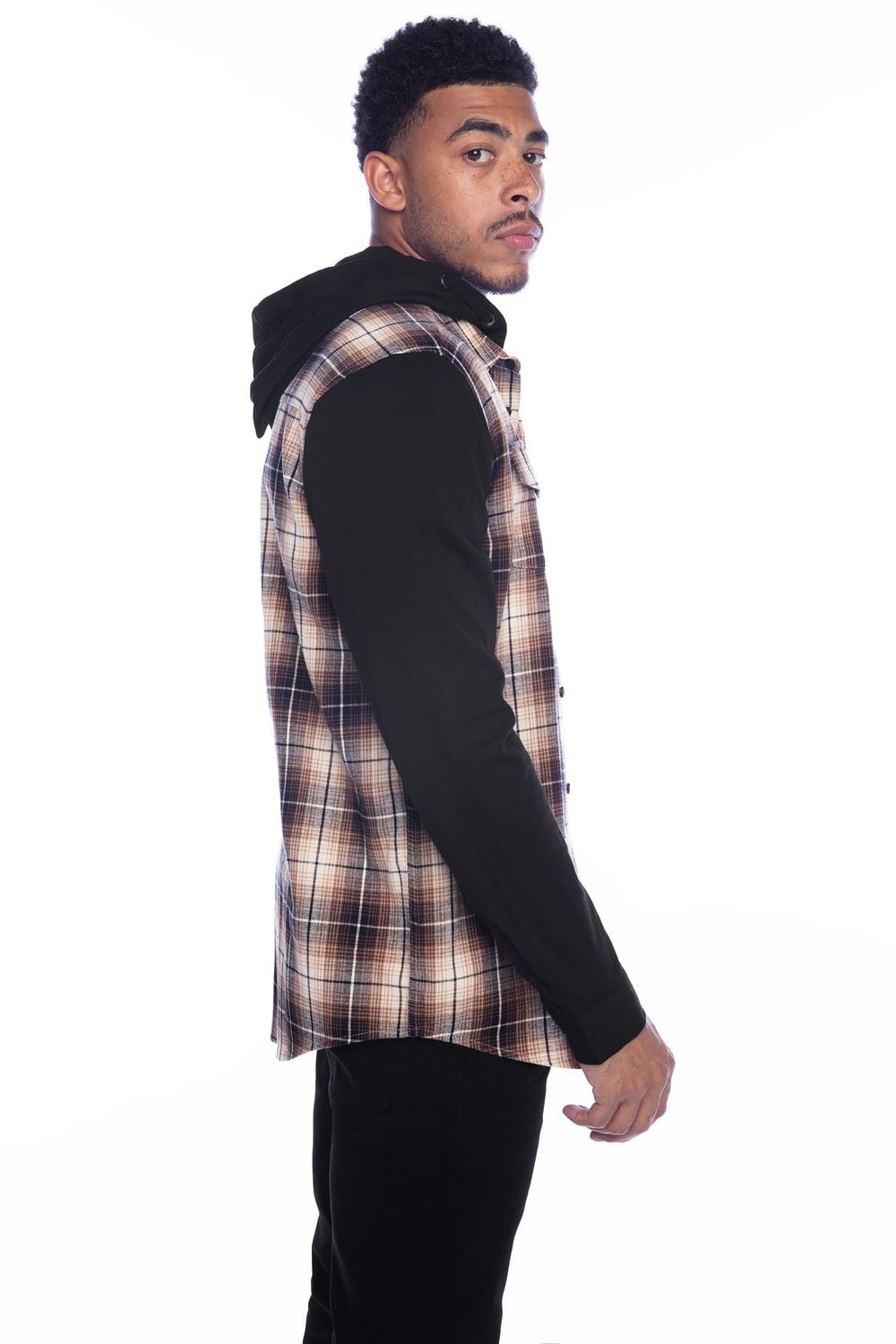 Jeaniologie™ Men’s Hooded Flannel Shirt with Knit Sleeves