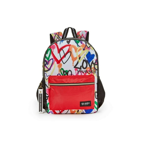 Sac à dos à compartiments multiples en nylon imprimé coeur Tie Dye pour filles de marque Justice™ Sac à dos de 17 po avec porte-clés en relief en caoutchouc texturé