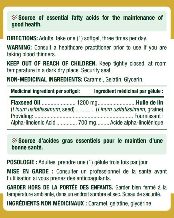 NATURE'S BOUNTY Huile de lin, pressée à froid, 1 200 mg, source d’acides gras oméga-3 et d’acide linoléique, gélules 100 paquet