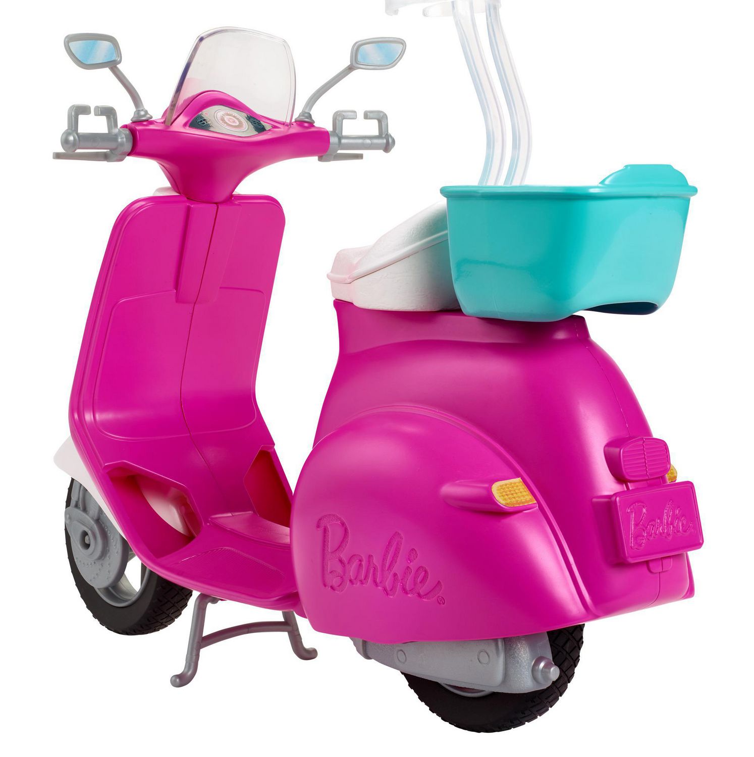 Barbie Doll Blonde and Pink and White Scooter with Kickstand and Teal Basket Walmart