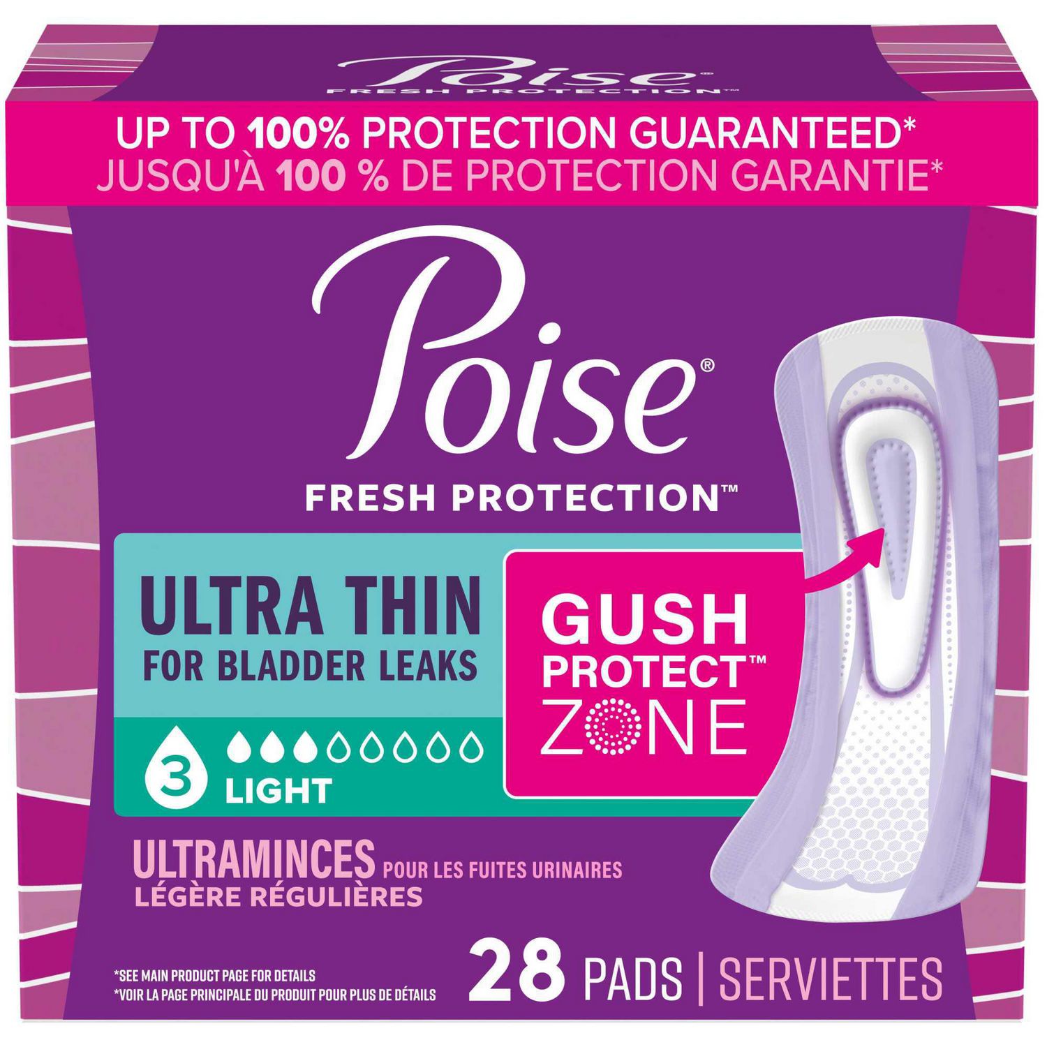Poise Ultra Thin Incontinence Pads, 3 Drop Light Absorbency, Regular Length, 28 Count