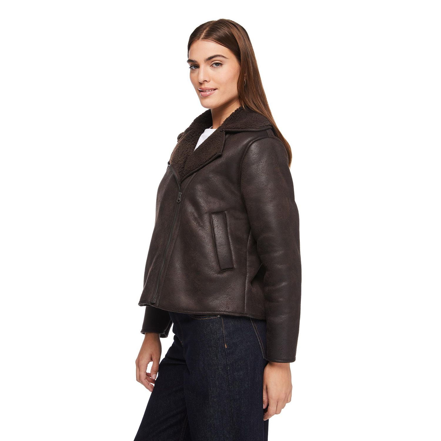 Manteau de motard en fausse peau mouton George pour femmes Tailles TP–TTG