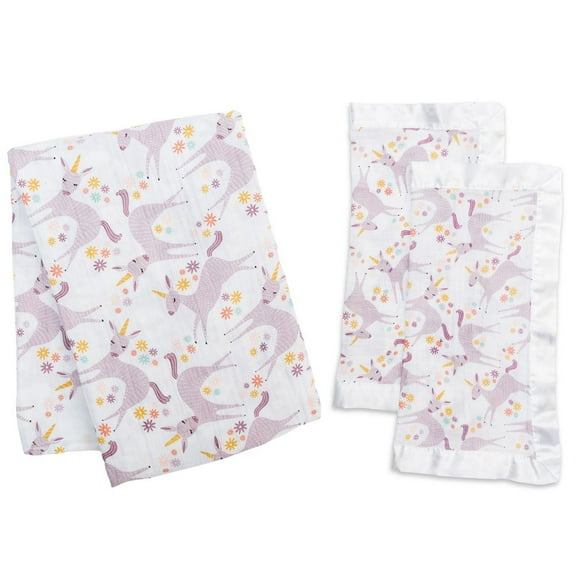 Lulujo - Baby, Infant, Toddler - Unicorn Cotton Muslin Swaddle Blanket + Security Blankets Bundle - Gift Set