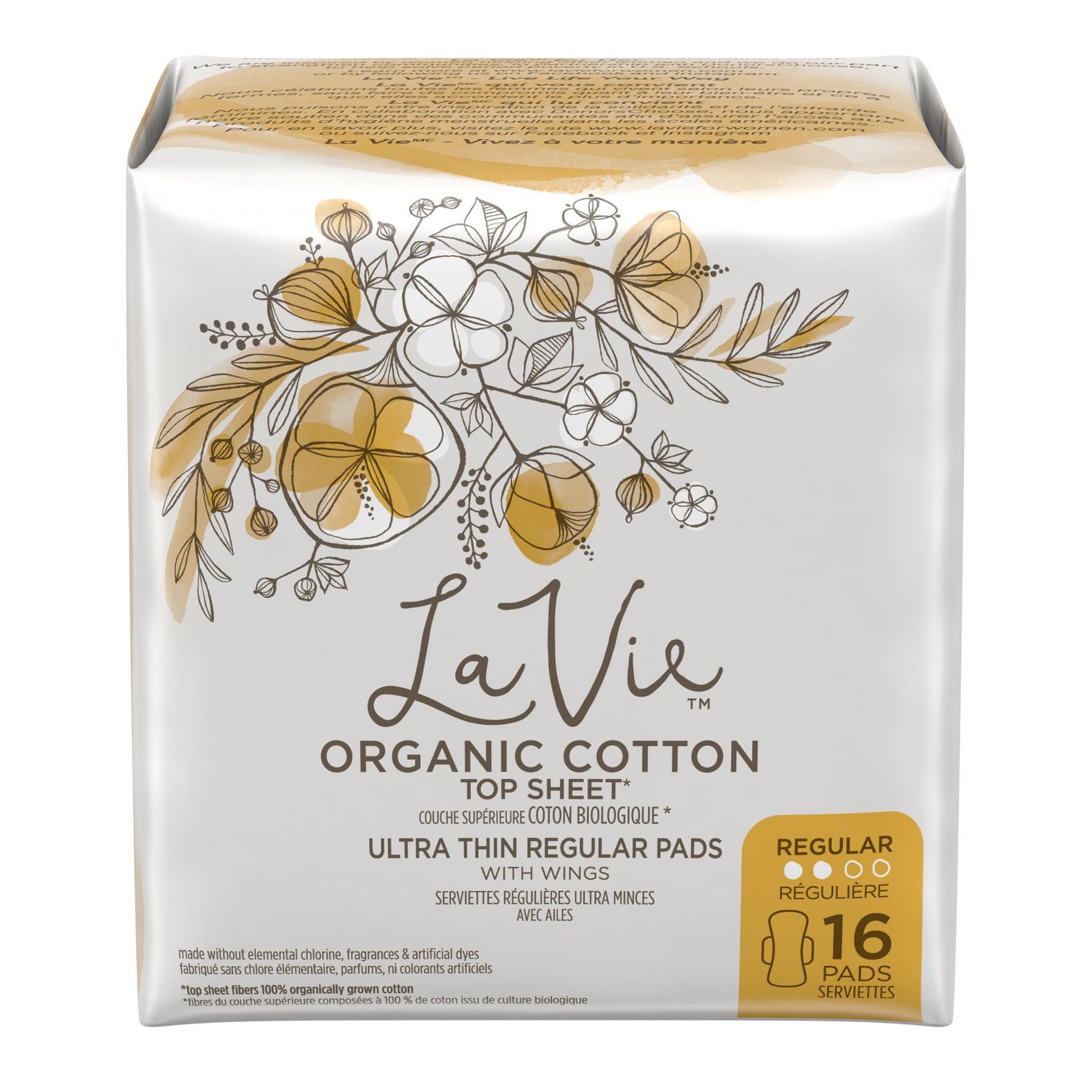 La Vie Ultra Thin Organic Cotton Feminine Pads with Wings, Regular