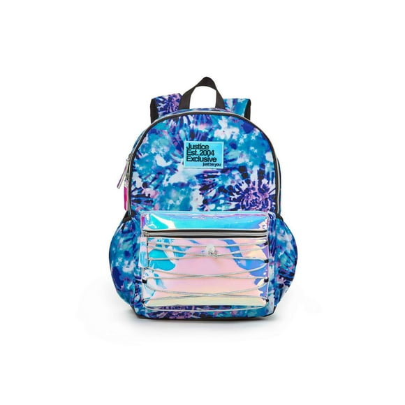 Sac à dos en nylon à compartiments multiples 17" pour filles de marque Justice™ avec poche holographique brillante et fonction de cordon élastique